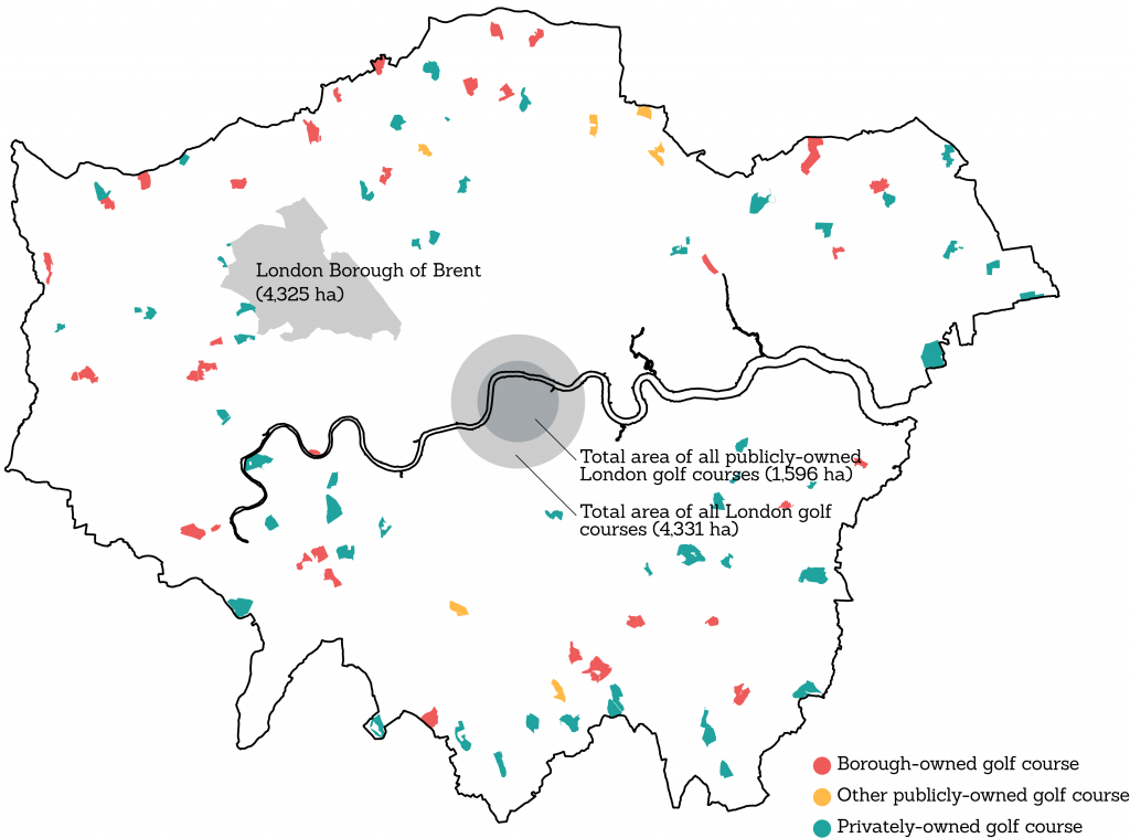 Map of London showing every active golf course and their combined size relative to Brent